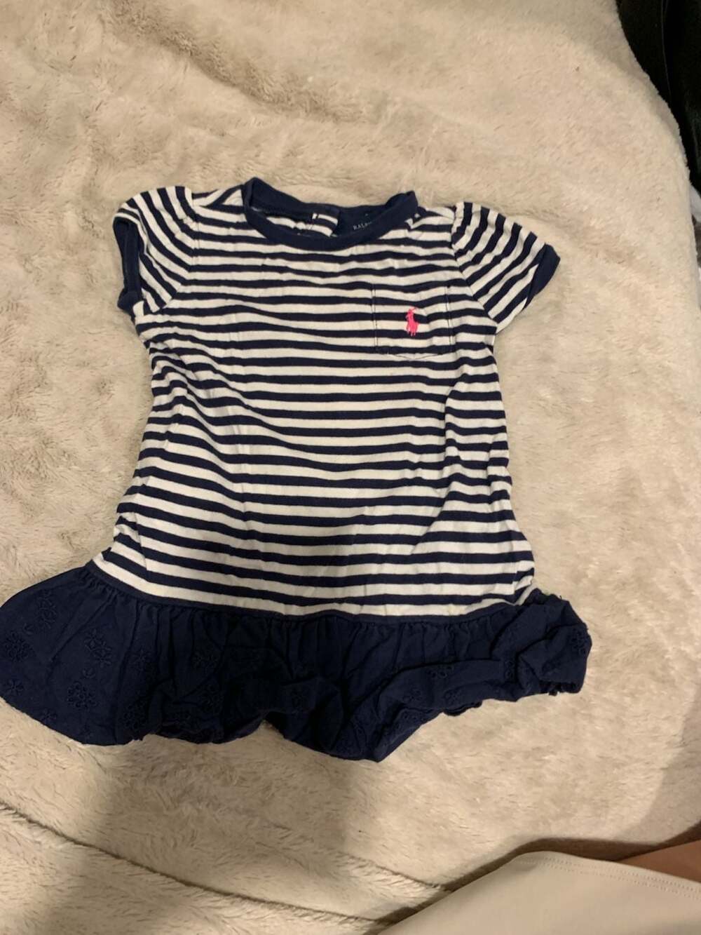 Ralph Lauren Striped Dress Size 12M Navy White Ruffle Hem